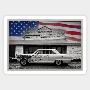 Classic Automobile in Black and White with American Flag Sticker